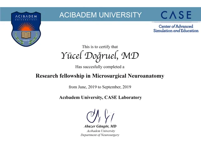 Research fellowship certificate in microsurgical neuroanatomy, CASE Laboratory, 2019