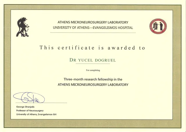Research fellowship certificate, Athens Microneurosurgery Laboratory, 2019