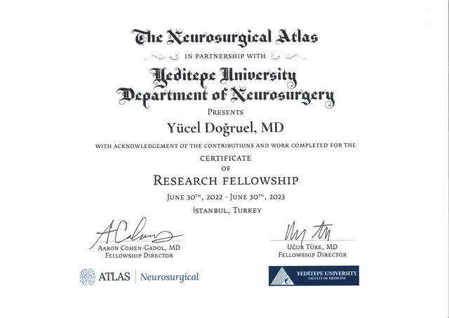 Research fellowship certificate, The Neurosurgical Atlas – Yeditepe University, 2022–2023