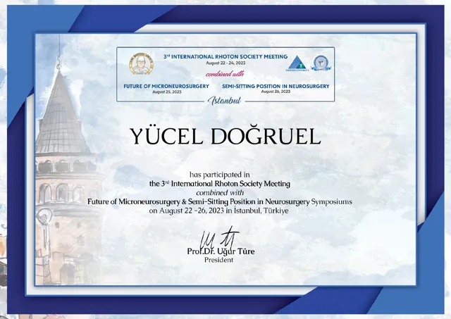3rd International Rhoton Society Meeting and Future of Microneurosurgery symposium, certificate of attendance, İstanbul, 2023