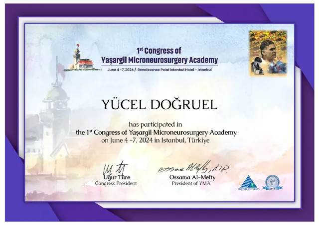 1st Congress of Yaşargil Microneurosurgery Academy, certificate of attendance, İstanbul, 2024